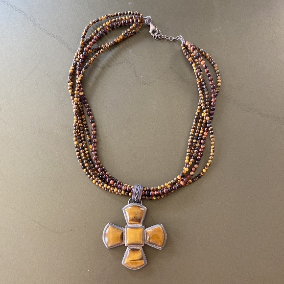 Barse Stone Cross Pendant on Multi-strand Beaded Necklace - Picture 2 of 7